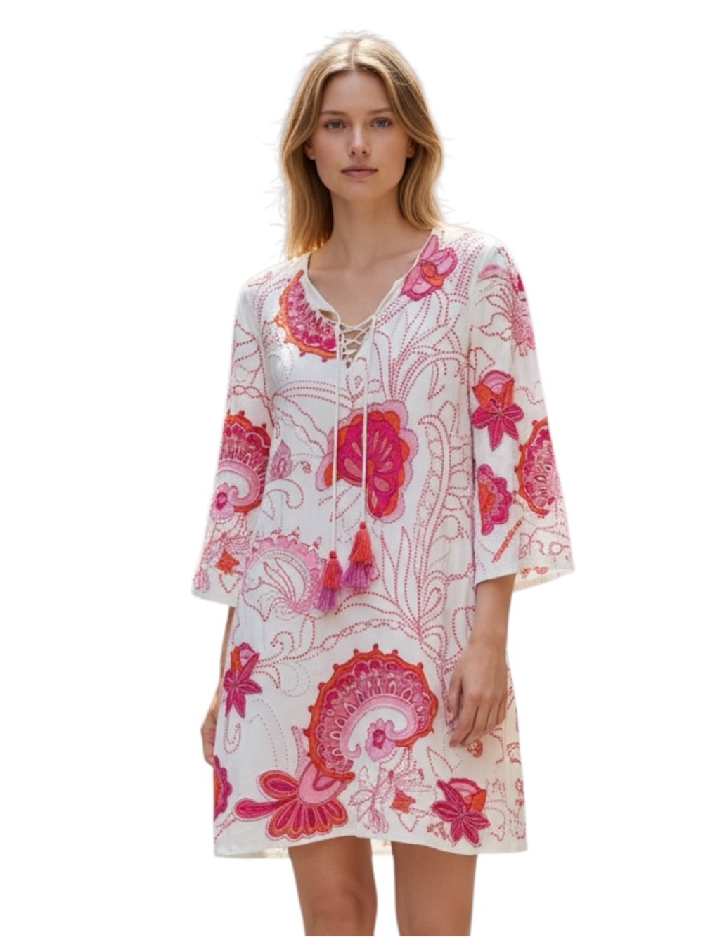Boston Proper White Tunic Dress with Pink & Orange Bead Embroidery NWT Size XS